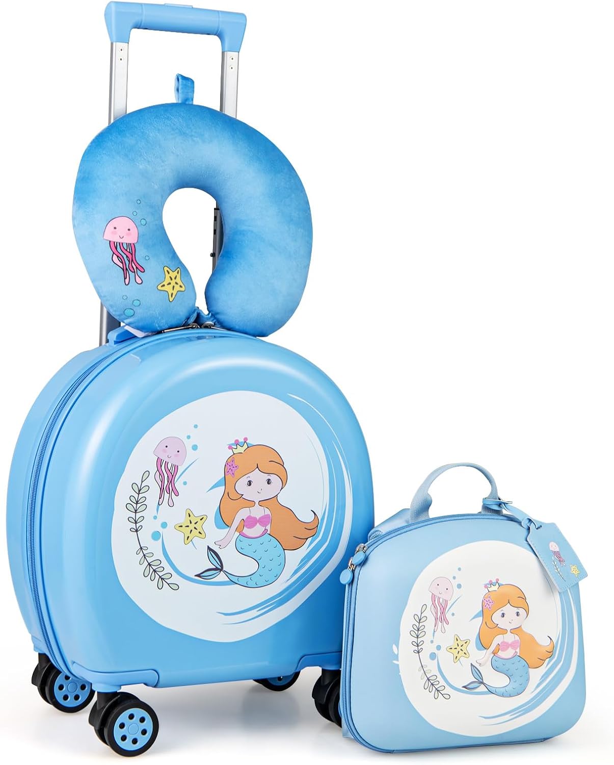 HONEY JOY Kids Luggage Set, 14 Inch Toddler Luggage & Backpack Set, Neck Pillow, Luggage Tag, Airplane Approved, 4 Piece Spinner Travel Luggage for Boys Girls (Blue Mermaid)
