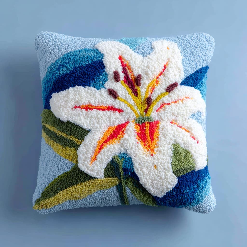 Taxpy Latch Hook Kits, Lily Flowers Pillow Pre-Printed Patterns Pillowcase Needlework Crochet Yarns Latch Hooking Cushion for Sofa Decor 17x17inch