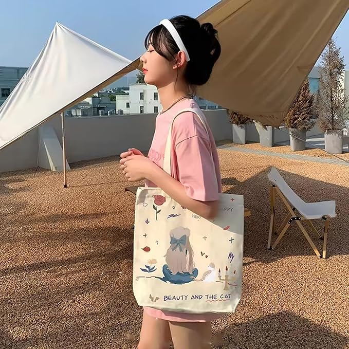 K2P Women Reusable Shopping/Grocery Classic Tote Bag With Pocket Shoulder Canvas Handbag Travel Bag Multi-Purpose 3