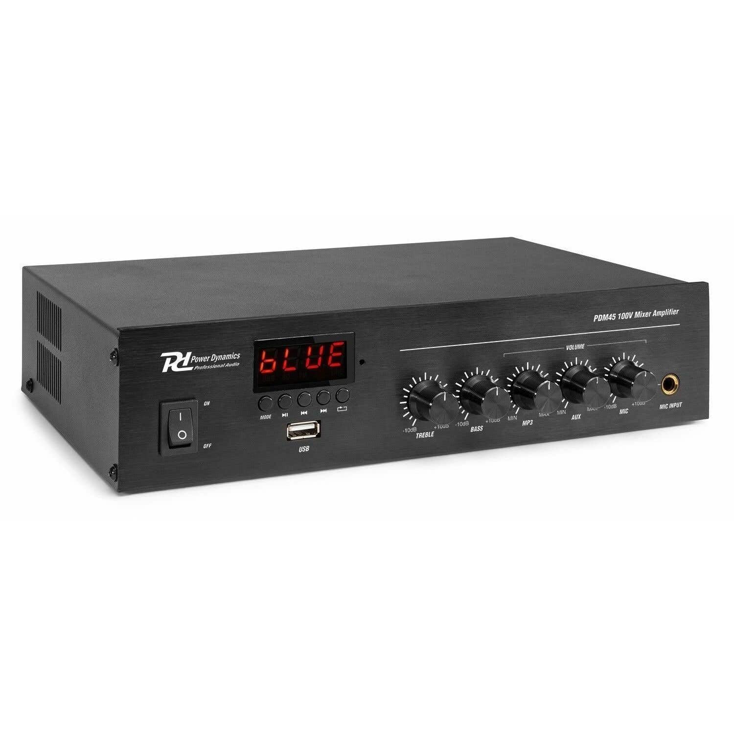 Power Dynamics PDM45 Amplificador con Bluetooth y función Radio FM Amplificador100 voltios, Reproductor MP3, Entrada de línea, instalación de música, Receptor de Radio para Tiendas, hogar y Mucho más