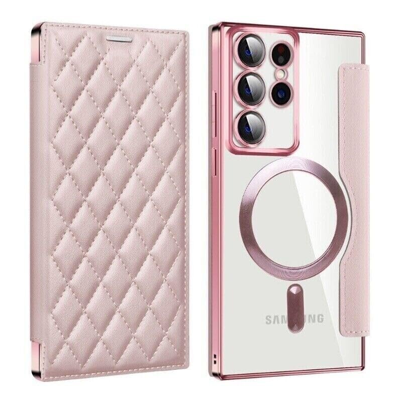 Étui pour Samsung S25 Edge rose, clapet magnétique en cuir de luxe