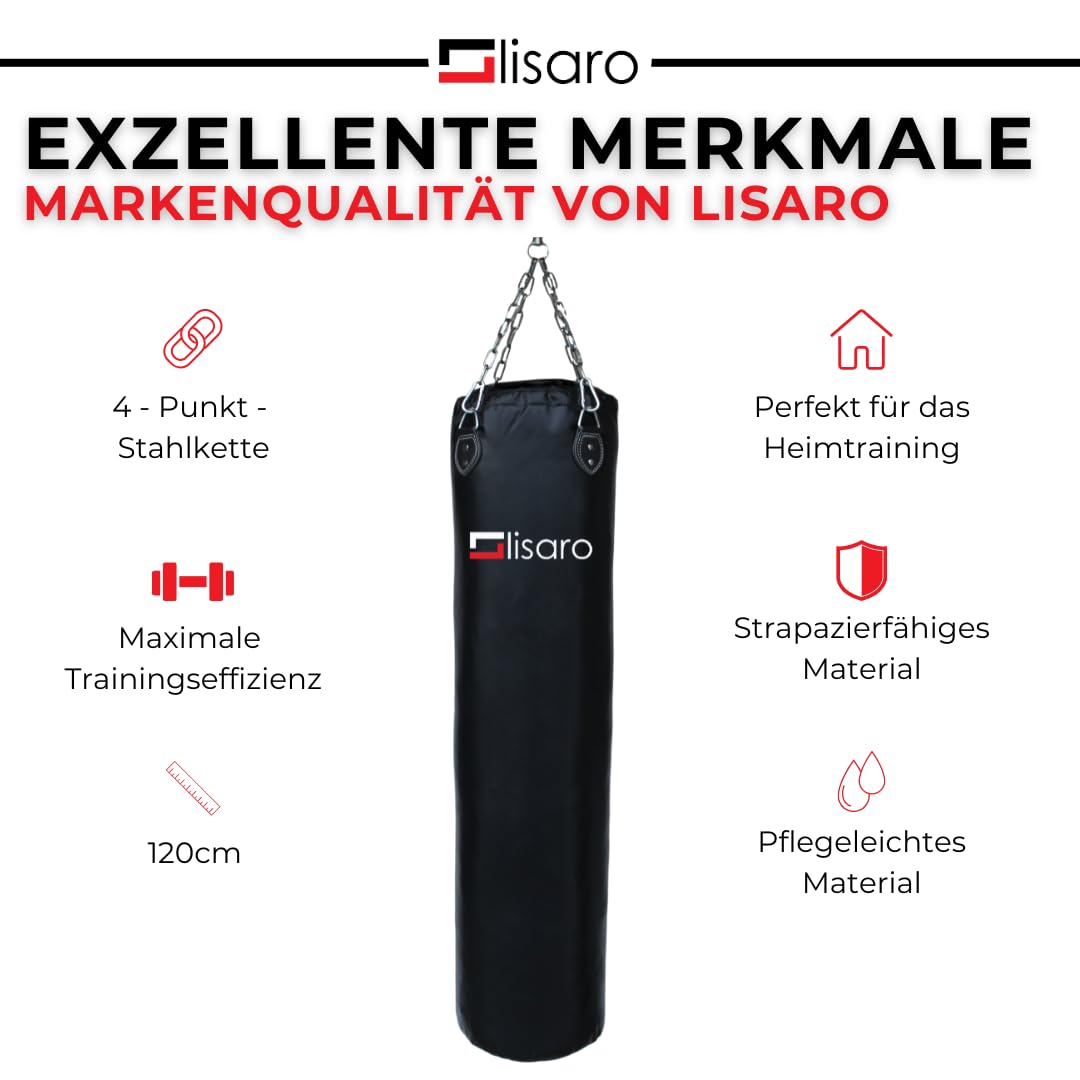 Lisaro Profesjonalny worek bokserski/worek na piasek 120 cm | nadaje się do każdego rodzaju sportu | ok. 35-38 kg | wypełniony/niewypełniony | w zestawie czteropunktowy łańcuch stalowy | materiał
