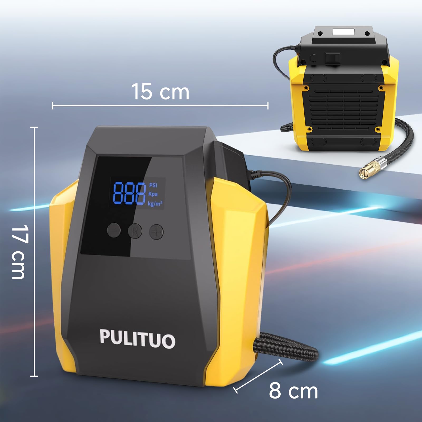 PULITUO Gonfiatore Pneumatici 12V DC - Compressore d'Aria Portatile 35L/min, 150 PSI / 10,3 Bar Pompa Auto con Arresto Automatico, Manometro Digitale e LED, Giallo