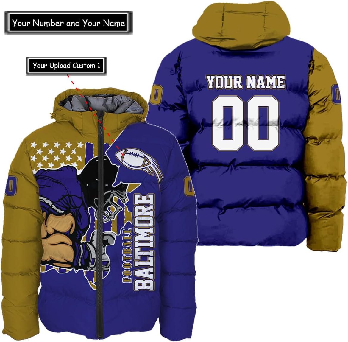Personalized Baltimore Ravens Men's Hooded Puffer Jacket
