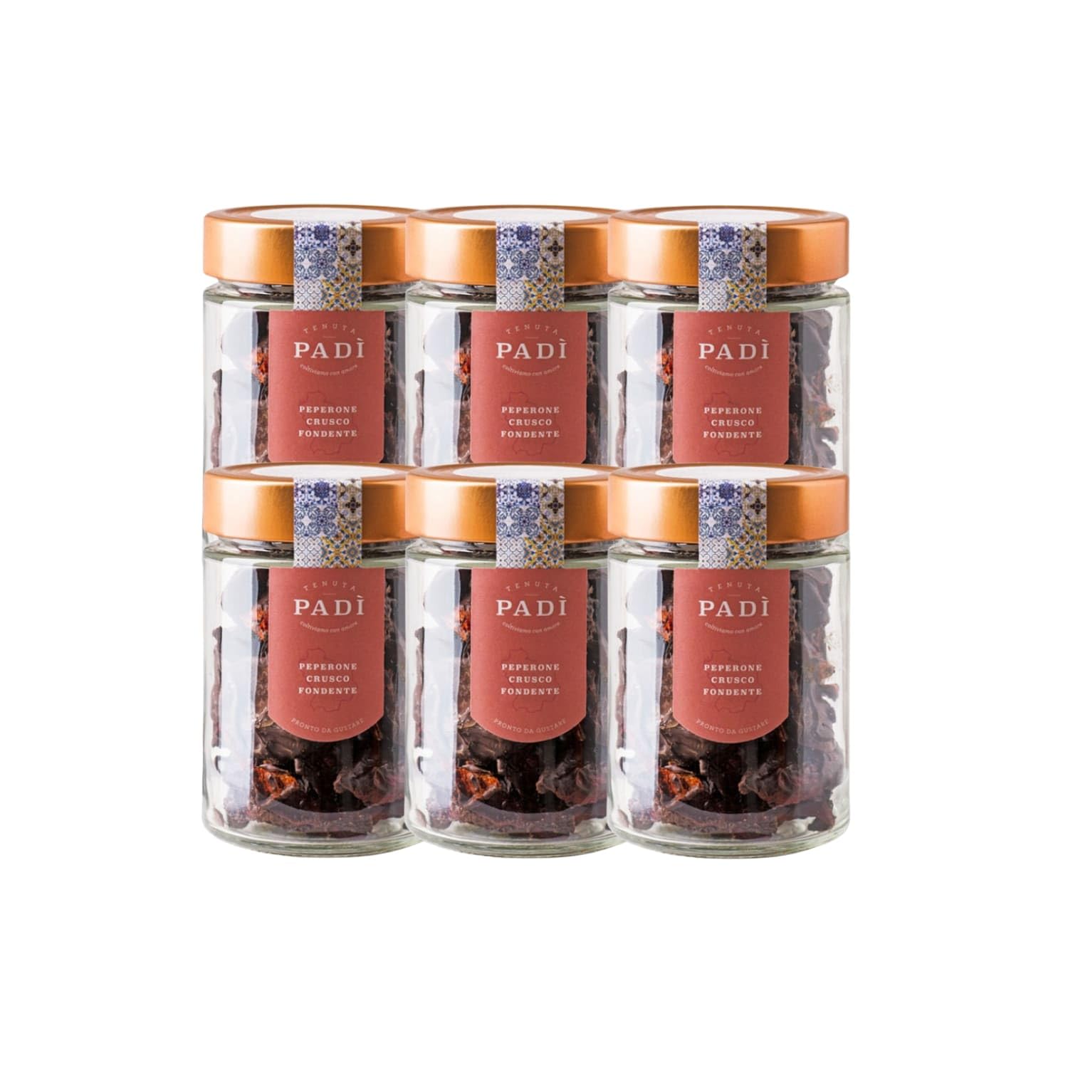 Tenuta Padì, Peperone Crusco fondente, Peperone Crusco di Senise IGP fritti in Olio Extravergine di Oliva ricoperti di cioccolato fondente (Box Risparmio 50 gr x 6)
