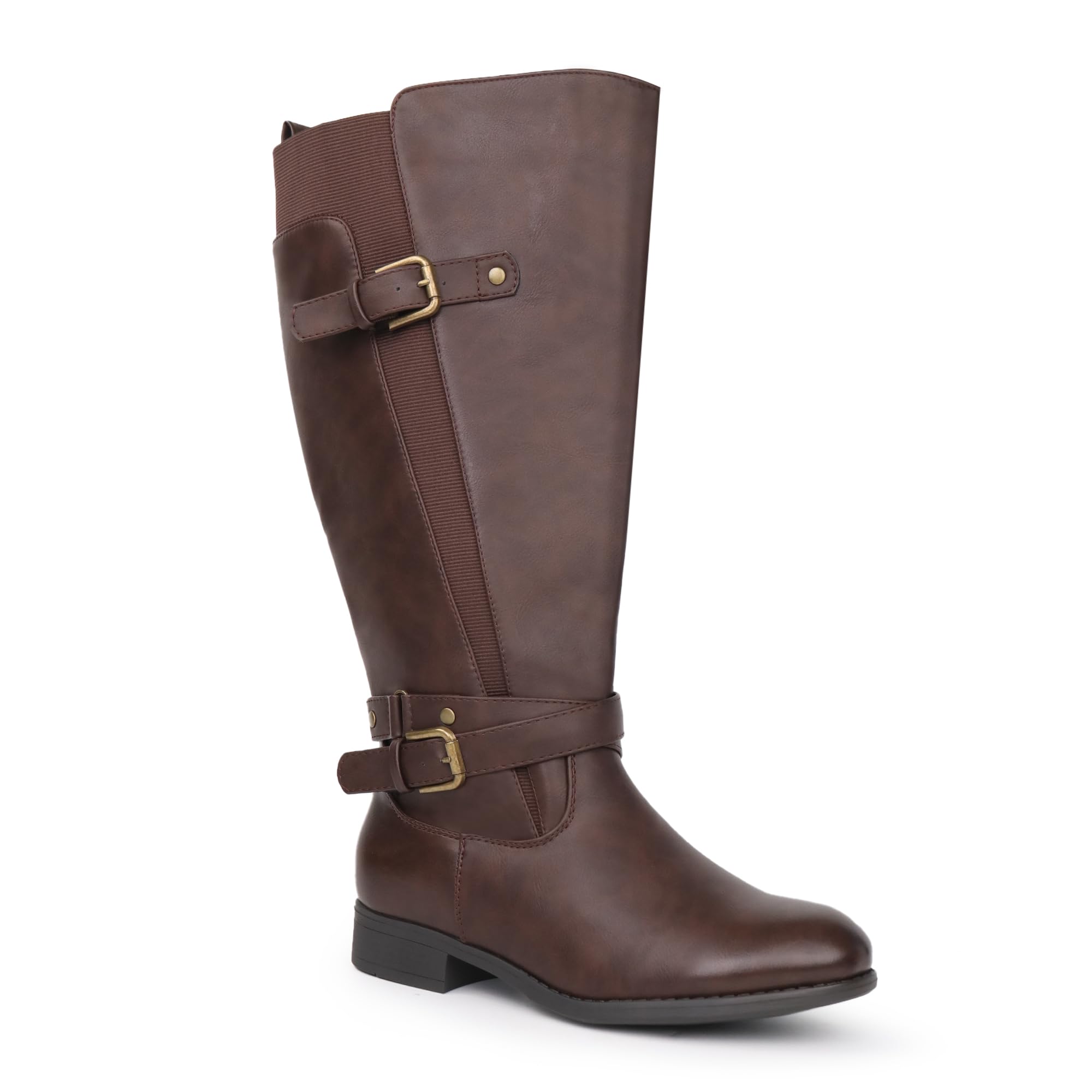 Botas de equitación para mujer, de caña ancha, tacón bajo, con correa al tobillo, diseño delgado