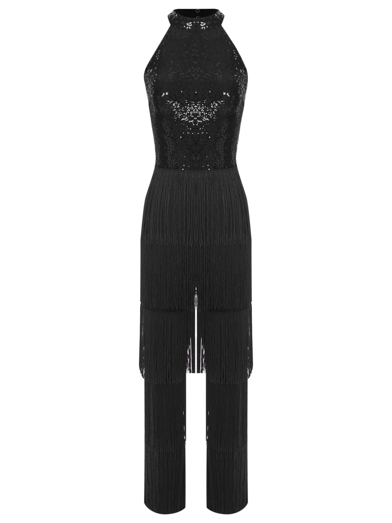 Body Da Ballo Donna Latino Body Intero Paillettes Glitter Tuta Senza Maniche Frange Nappe Pantaloni Danza Abbigliamento Danza