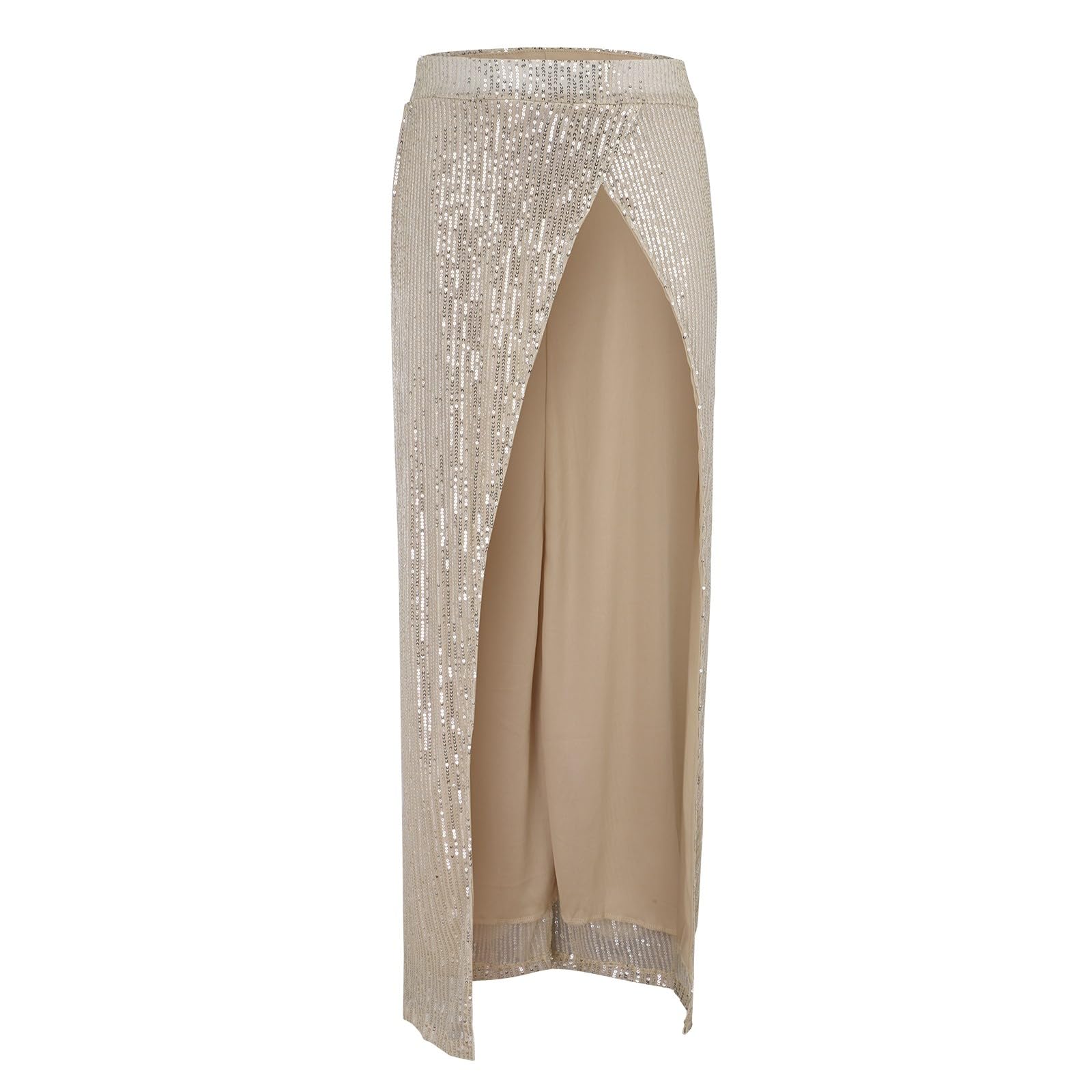 Femmes Printemps Minceur Rayures Élégant Haute Split Paillettes Couleur Unie Jupe Pantalon avec Cousu, beige, L