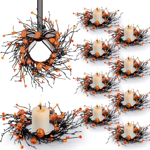 Image of 12 PCS Halloween Candle Rings Wreaths Black Orange Berries & Pumpkin Candle Rings Mini Wreath 3.5 Inch Center for Pillar Candle Halloween Fall Thanksgiving Party Home Table Indoor Decorations