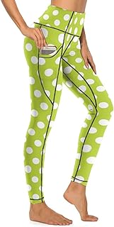 Leggings con estampado de lunares amarillos para mujer, pantalones de yoga de cintura alta, leggings para entrenamiento de gimnasio con bolsillos