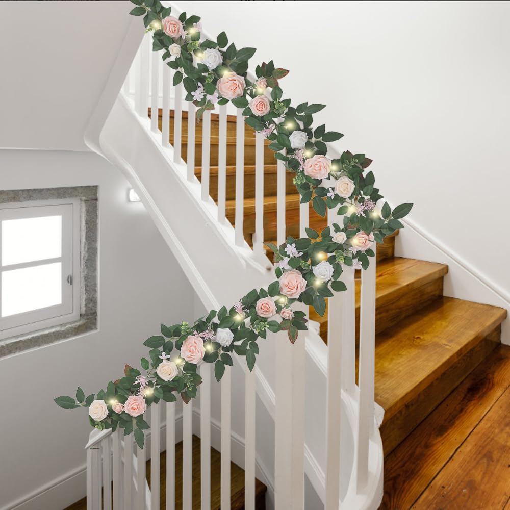 Guirnalda de flores de 6 pies con luces, guirnalda de eucalipto artificial con flores de rosa, guirnalda de MYXUANFA con luz para arco de boda, centro de mesa, decoración de habitación, funciona con