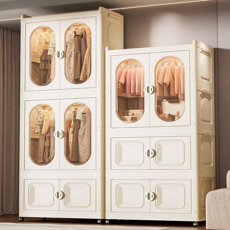 Image of KRISHYAM 3-Tier Plastic Storage Cabinet with Doors & Wheels, Translucent Amber Doors, Multipurpose Clothes Organizer for Bedroom & Home, 172 x 66 x 37 cm