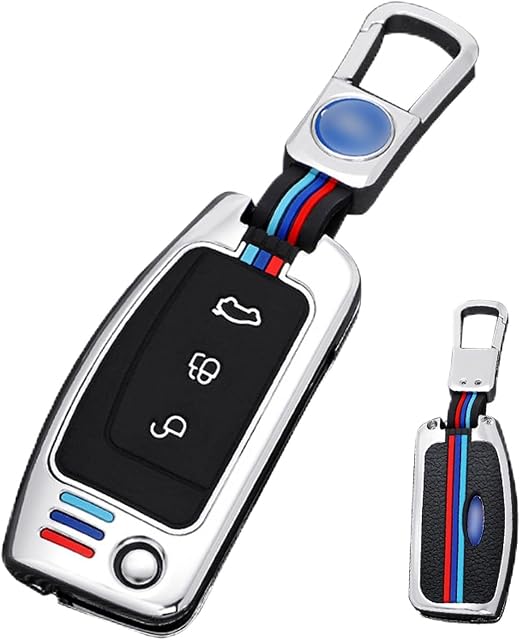 RYE Zinc Alloy Shell with Silicone Inner Sleeve Car Key Fob Cover Cases for Ford Fiesta/Focus/Galaxy/Fusion/Mondeo/Kuga,with Keychain-Silver
