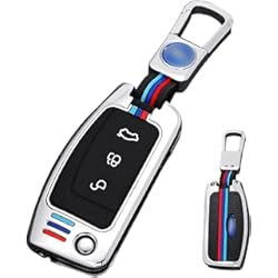 Las Fundas Para Auto Daña La Pintura RYE Carcasa de aleación de zinc con funda interior de silicona para llave de coche Ford Fiesta, Focus, Galaxy, Fusion, Mondeo, Kuga, con llavero, color plateado
