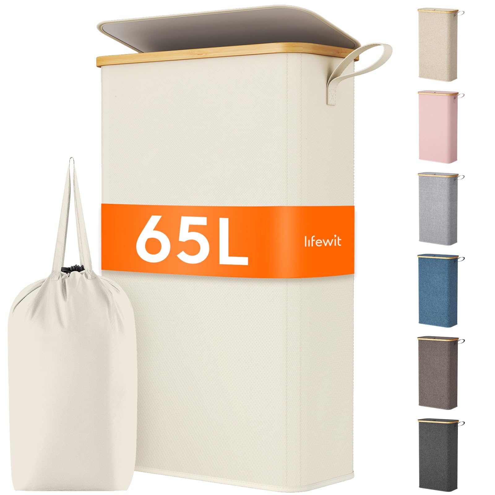 Lifewit 65L Slim Laundry Hamper with Lid, Narrow Laundry Basket with Removable Bag & Bamboo Handles, Fodable Thin Dirty Clothes Hamper for Laundry Collapsible Bin for Bathroom Bedroom Dorm, White