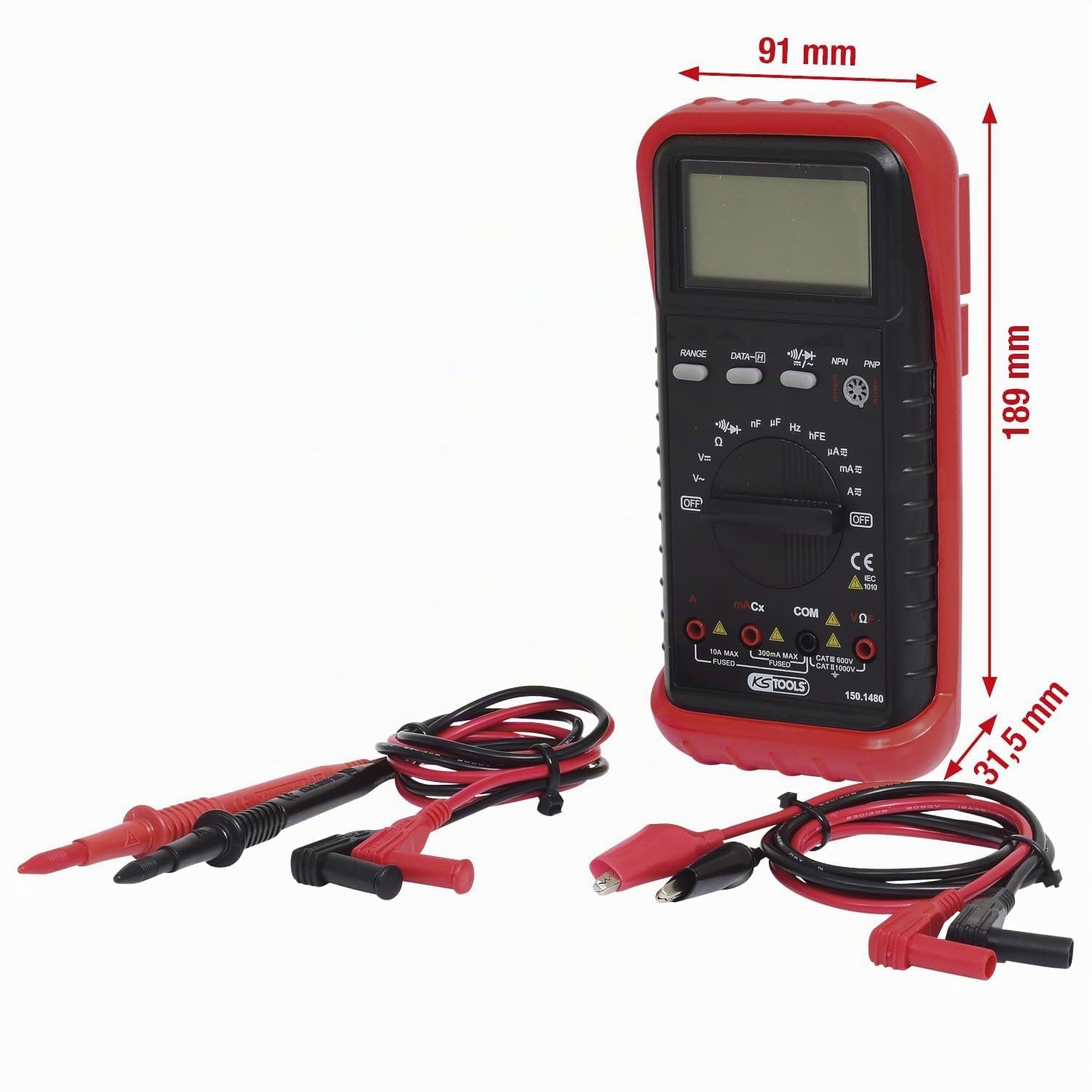KS Tools 150.1480 Multimètre avec prises de tests et pinces crocodile | Multimètre numérique avec piges de contrôle et pince croco, chrome vanadium
