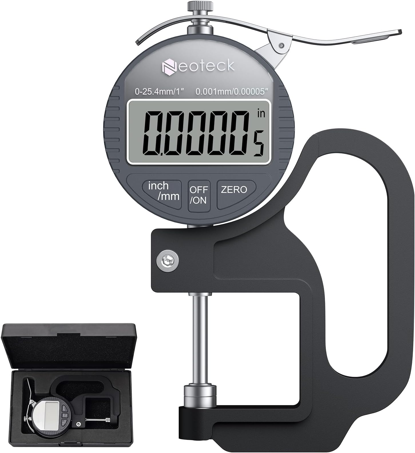 Neoteck Digital Thickness Gauge 1inch/25.4mm,0.00005inch/0.001mm LCD Display with Inch/MM Conversion One-Hand Quick Press Thickness Measuring Tool for Leather Paper Fabric Film etc.-Silver-Grey