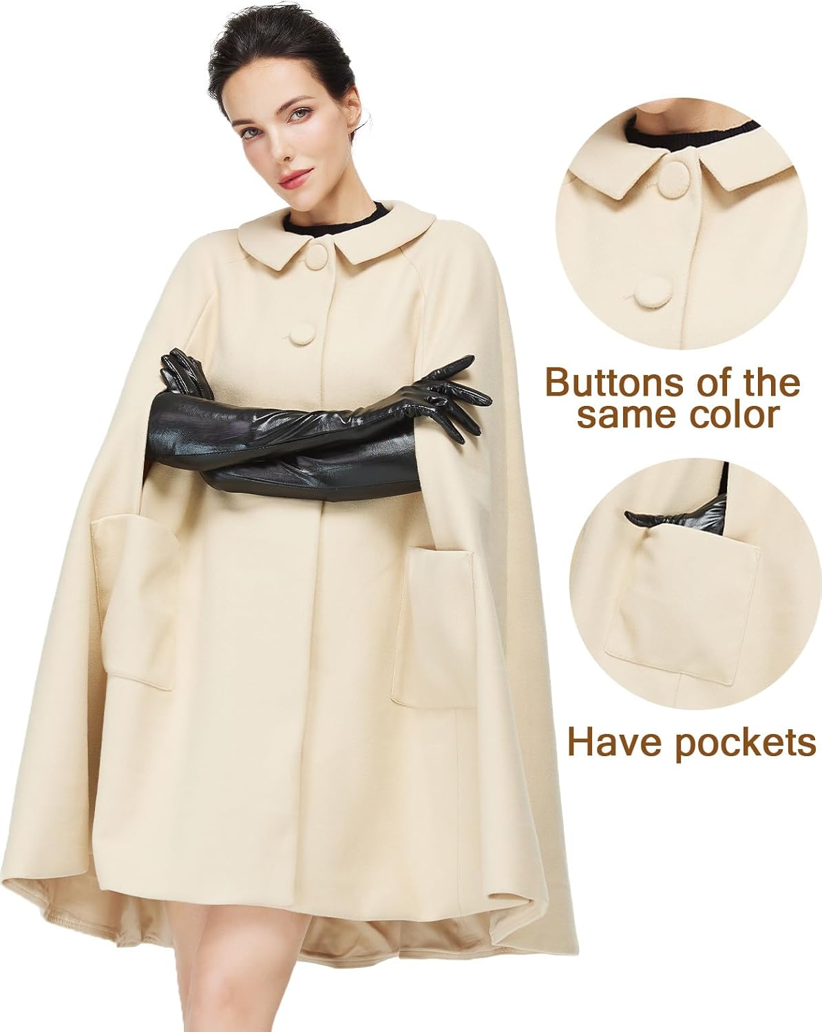 Women Wool Blend Cape Coat with Pockets Vintage Idyllic Single-Breasted Pea Coat Outwear for Fall Winter - Image 4