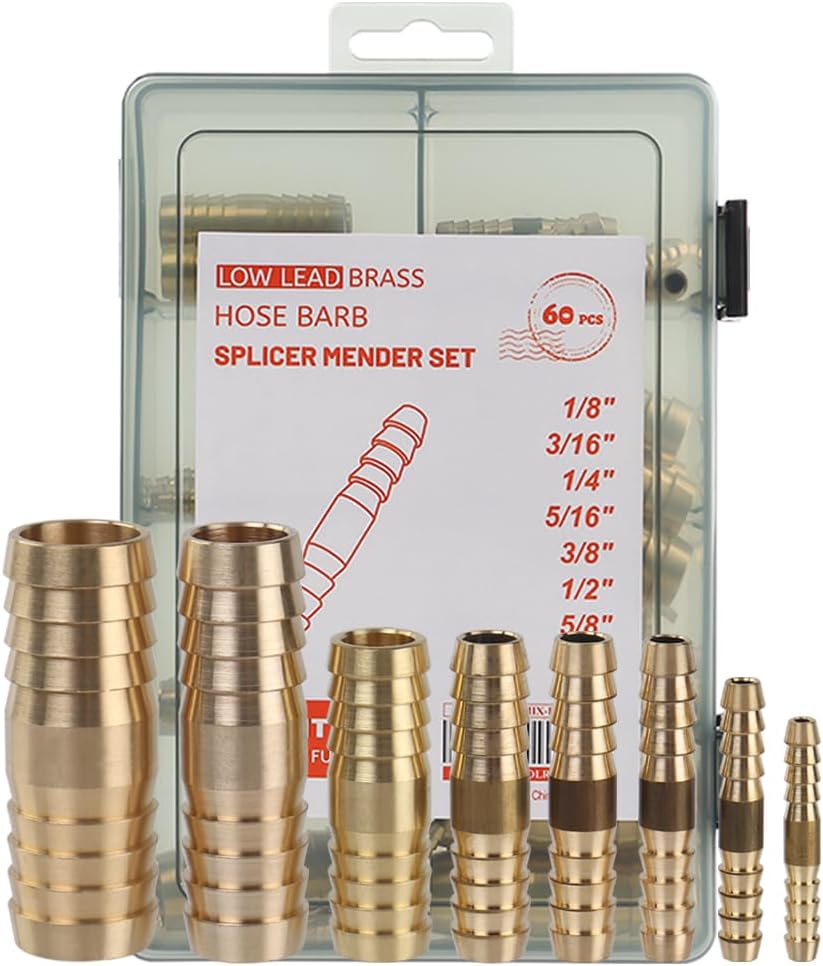 LTWFITTING Assortment Kit Hose ID 1/8, 3/16, 1/4, 5/16, 3/8, 1/2, 5/8, 3/4-Inch Brass Barb Splicer Mender Set (Pack of 60)