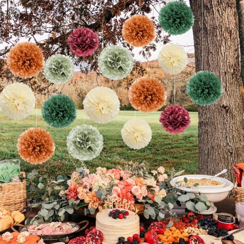 Pompons Deko Herbst Salbeigrün Retro 16 Stück Herbstdeko Pompom Deko Salbei Orange Rot Beige Olivgrün für Herbst Babyparty Junggesellenabschied Frauen Boho Geburtstagsdeko Gartenparty Hochzeit