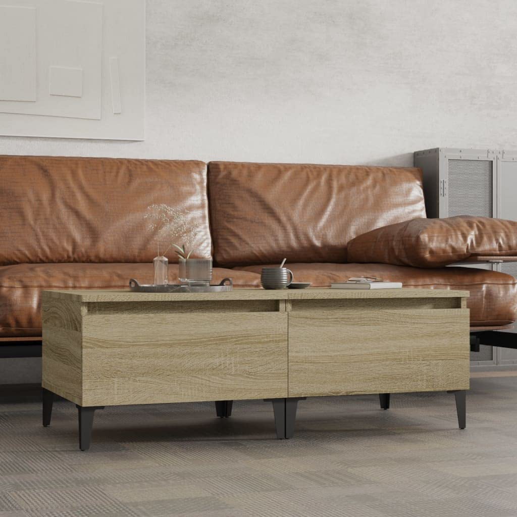 Stoliki pomocnicze, 2 sztuki, dąb Sonoma 50 x 46 x 35 cm, materiał drewnopochodny z szufladą i metalowymi nóżkami, stolik kawowy do salonu, sypialni, biura, nie zajmuje dużo miejsca i jest