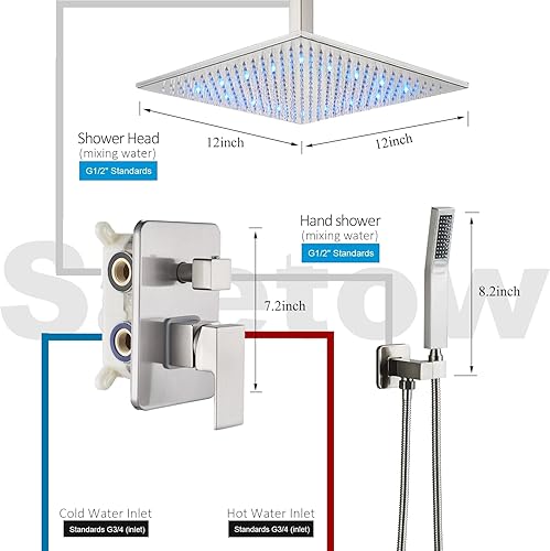 Miniatura 8 de Sistema de ducha LED cuadrado de 12 pulgadas, juego de grifo de ducha con rociador de mano SUS304, kit de ducha de acero inoxidable SUS304, ducha de