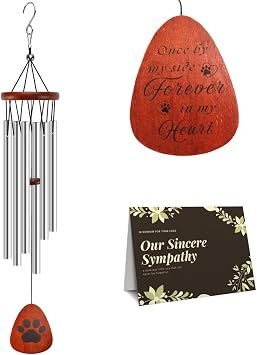 Pet Memorial Wind Chimes for Loss of Dog & Cat Passed Away Remembrance Gift with Sympathy Card for Grieving Pet Owners Paw Print Design with Memorial Poem Silver