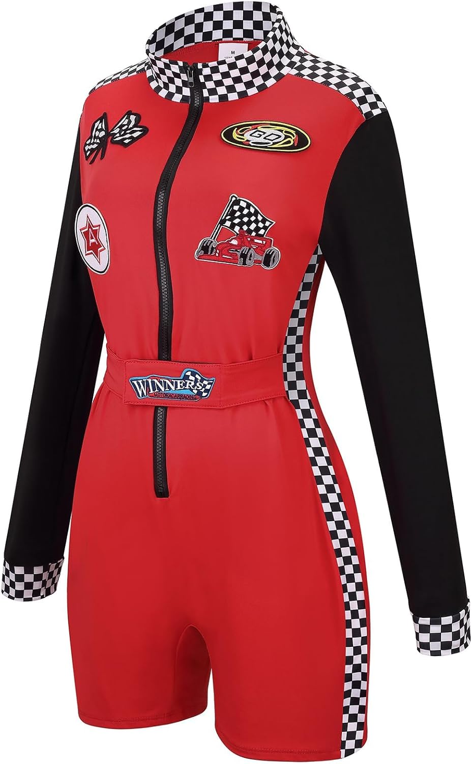 Race Car Driver Costume for Womens Racing Driver Jumpsuit Shorts Long Sleeve with Grid Flag Set Halloween Outfits - Image 2