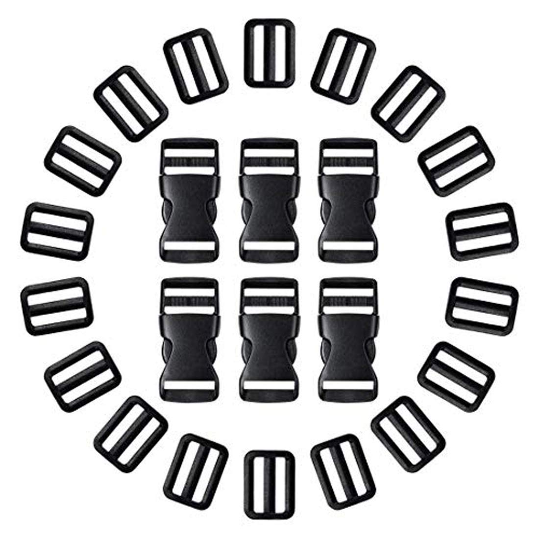 DIY Crafts Quick Release Buckle Set & Tri-Glide Adjustment Clips with 10 Meter Black Webbing Ribbon(Pack of 20 Pcs, 1 Inch)