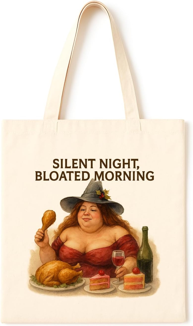 Holiday Feast Hangover Witch ~ Humorous witch tote for Christmas dinners and indulgent nights A perfect gift for foodies who know the morning aftermath struggle