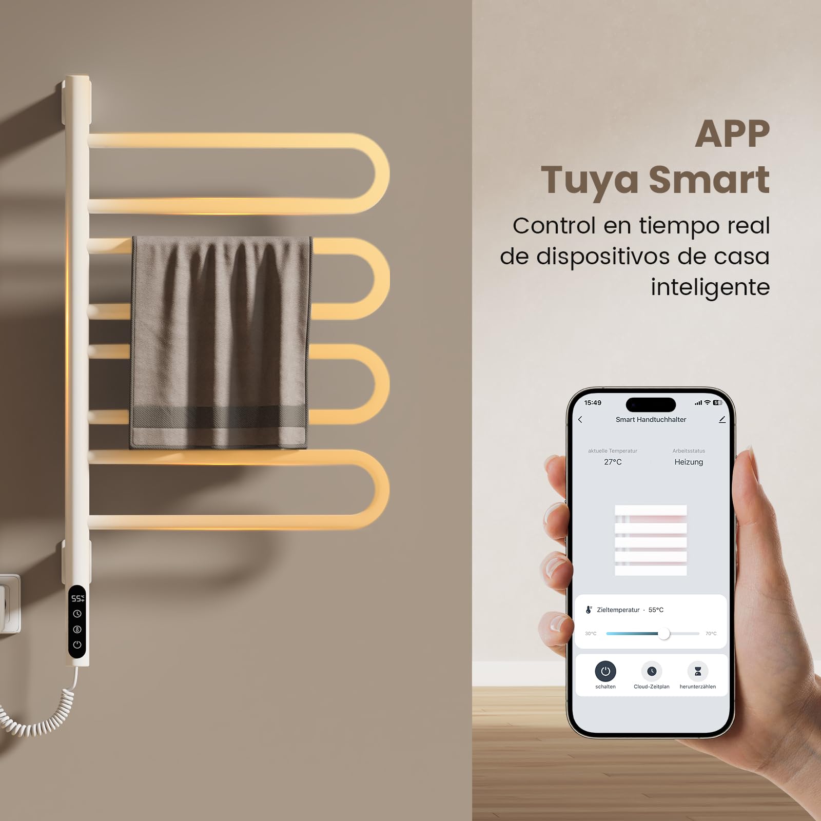 EMKE Radiador de Toallas Eléctrico 78 x 43 cm, Termostato Inteligente WiFi, Radiador Eléctrico para Baño, Calentador de Toallas Eléctrico, Blanco, 170W