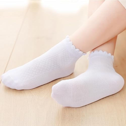 Miniatura 6 de Looching 5 pares de calcetines finos de malla para bebés y niñas pequeñas, de verano, con volantes, de algodón blanco, suaves, de corte bajo, para