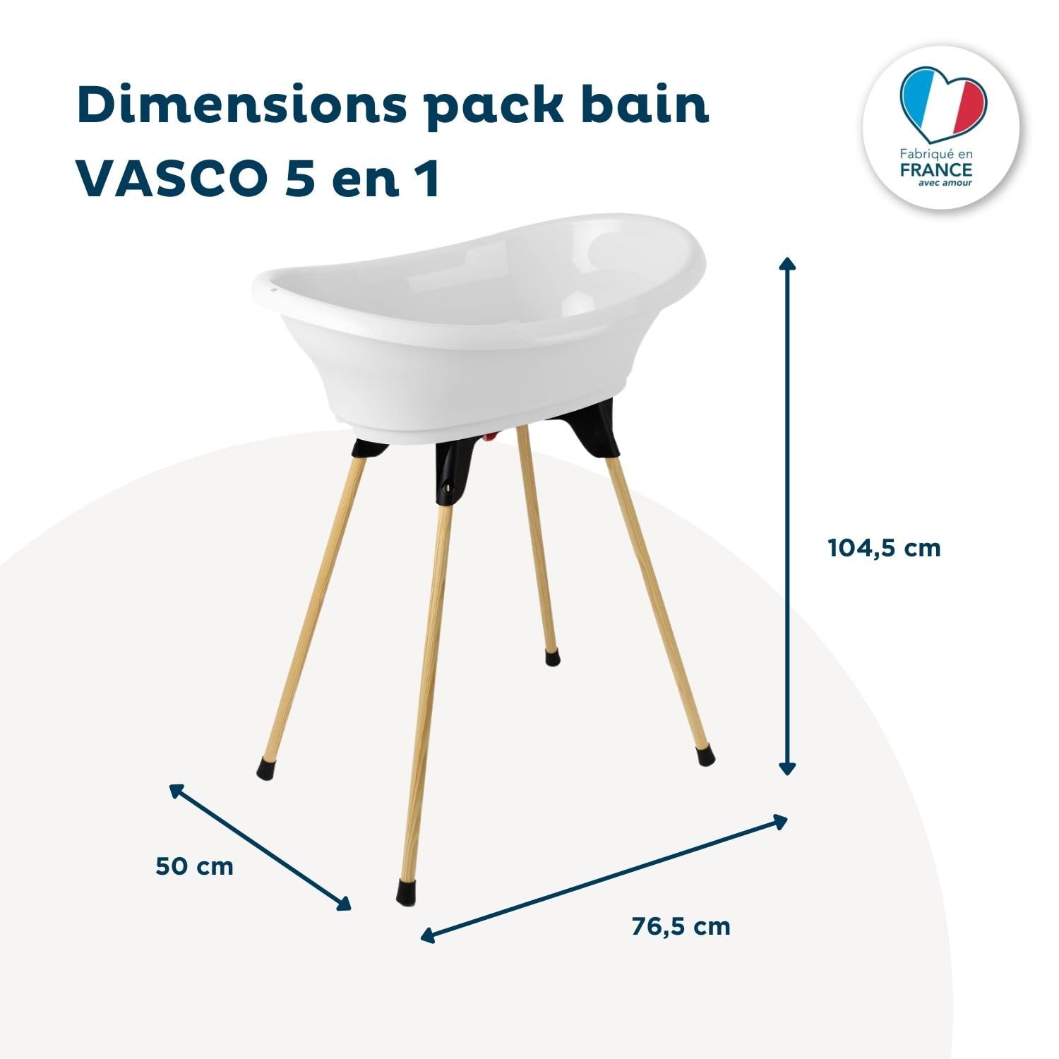 THERMOBABY – Pack de bañera para bebé VASCO 5 en 1 – Bañera, pie de madera, manguera de drenaje, tumbona de baño, termómetro – blanco candidiasis – Plegable y estable – Fabricado en Francia