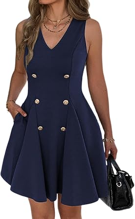 Women V Neck Casual Work Dresses with Pockets | Sleeveless A Line Short Dress,Business Casual Dress,Summer Office Dress,Elegant Semi Formal Job Interview Outfit,Dinner Dress