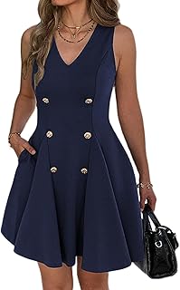 Work Dresses for Women Summer Business V Neck Sleeveless Buttons Short Flare Dress with Pockets Elegant Office Outfit