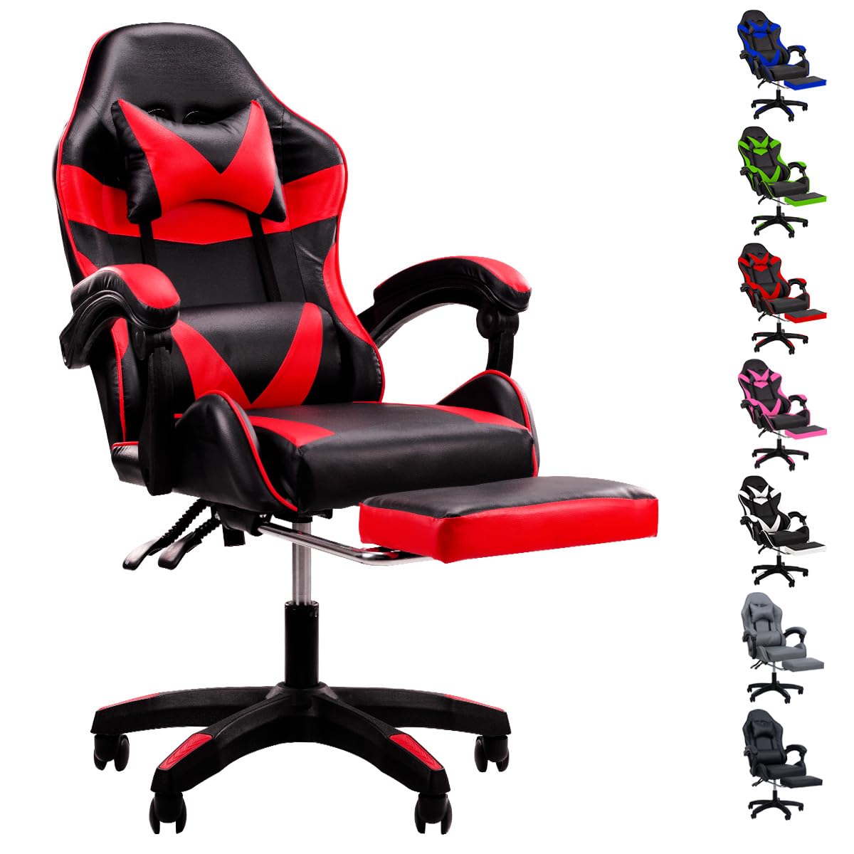 SELECTSHOP Silla Gamer Reclinable con Reposa Pies Silla Gaming Ergonómica Ajustable Silla Gamer Comoda Reclinable hasta 90° Resistente PO3C12 - Rojo