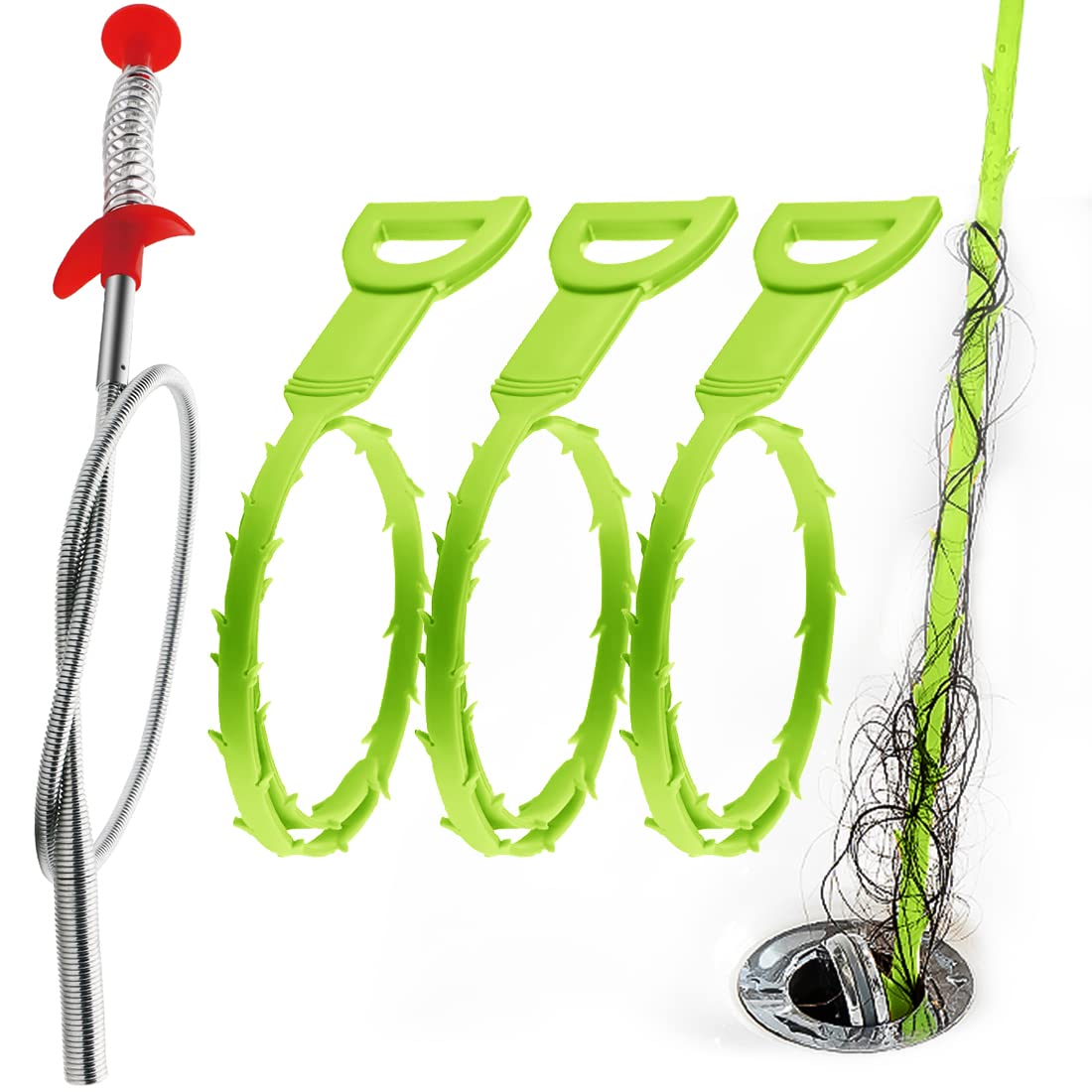 Omont Snake Drain Hair Clog Remover Tool,34 Inch Stainless Steel Claw and 3 Pack 19. 7 Inch Plastic Sink Unclogger Tool, Sink Drain Cleaner for Kitchen, Sink Bathroom, Tub Toilet Green (3+1)