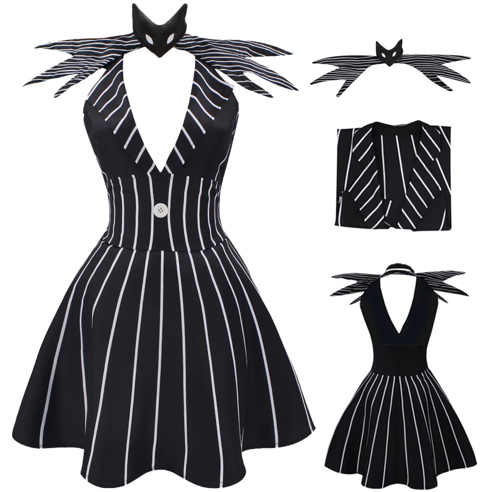 AYYOHON Womens Christmas Night Dress Jack Cosplay Costume for Adult Striped A-line Dress with Bowtie Halloween Uniform 2XL