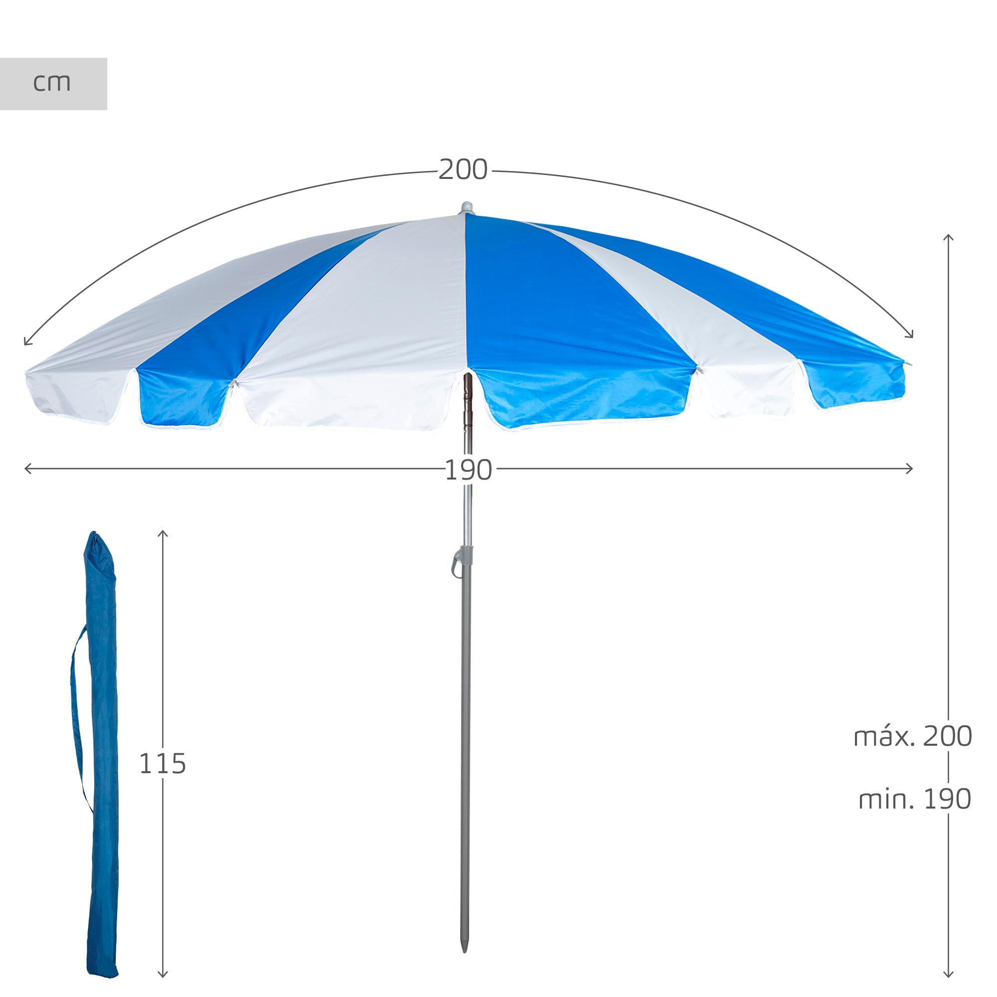 AKTIVE Parasol plażowy, 200 cm, niebiesko-białe paski, stalowy maszt, nachylona i regulowana wysokość, tkanina poliestrowa Oxford, ochrona UV50, pokrowiec do przenoszenia, duże parasole