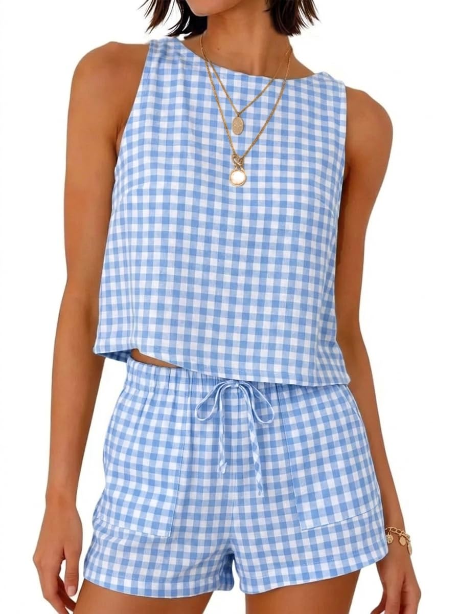Photo 1 of IDEALSANXUN Gingham Sets for Women 2 Piece Outfits 2026 Spring Summer Beach Outfits Vacation Pajamas Sets Cotton Linen Tank Tops and Shorts, Light Blue, XS