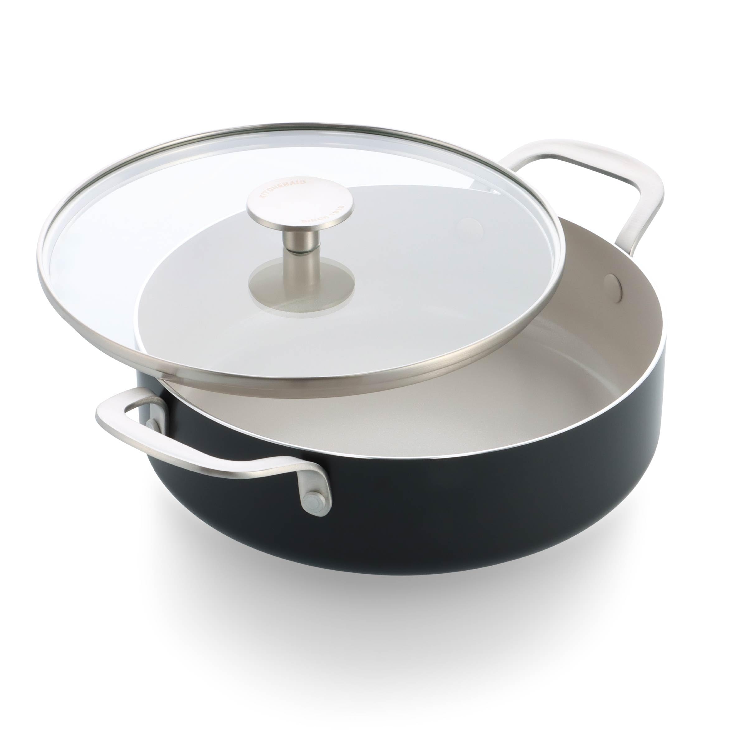 KitchenAid Aluminium Tegame Ceramica Antiaderente con Coperchio Vetro e Manico Ausiliario, 28 cm/4,28 L, Senza PFAS, Induzione, Manico Acciaio Inox, Forno, Lavastoviglie, Nero