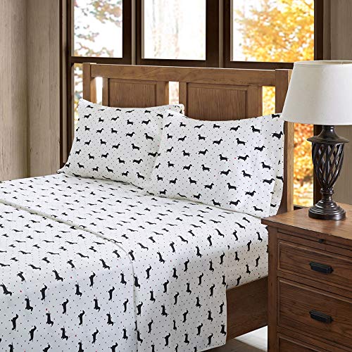 Image of Sleep Philosophy True North Cozy Flannel Warm 100% Cotton Sheet - Novelty Print Animals Stars Cute Ultra Soft Cold Weather Bedding Set, Queen, Black Dogs 4 Piece