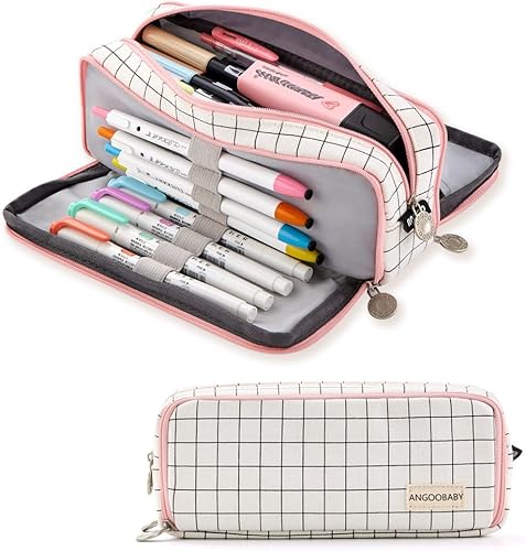 Miniatura 8 de ANGOOBABY Estuche grande de gran capacidad, 3 compartimentos, estuche de lona para adolescentes, niños, niñas, estudiantes escolares (negro)