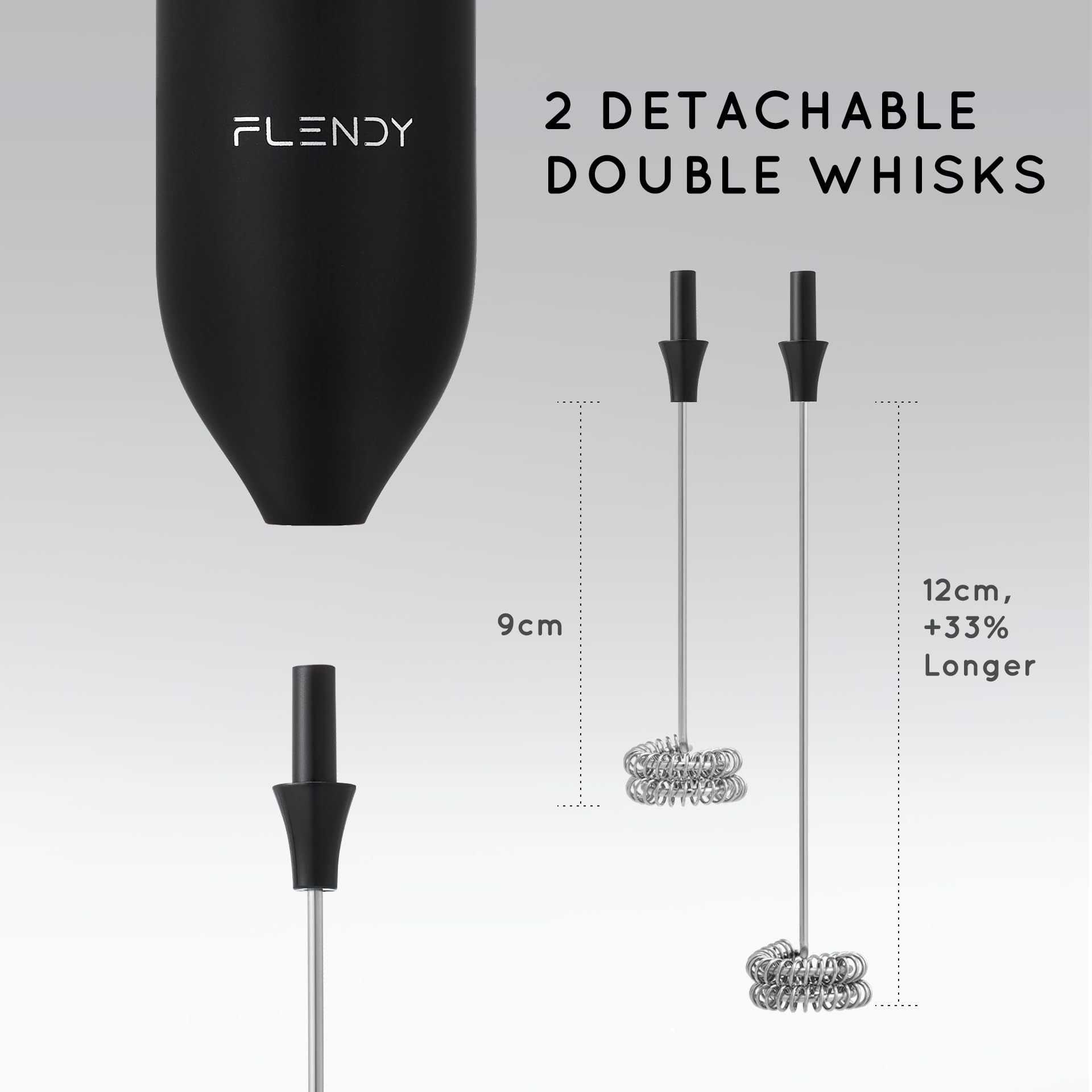 Flendy Mousseur à lait portable rechargeable avec support de charge USB-C, mélangeur électrique à main, double fouet pour café, matcha, etc. (Noir)