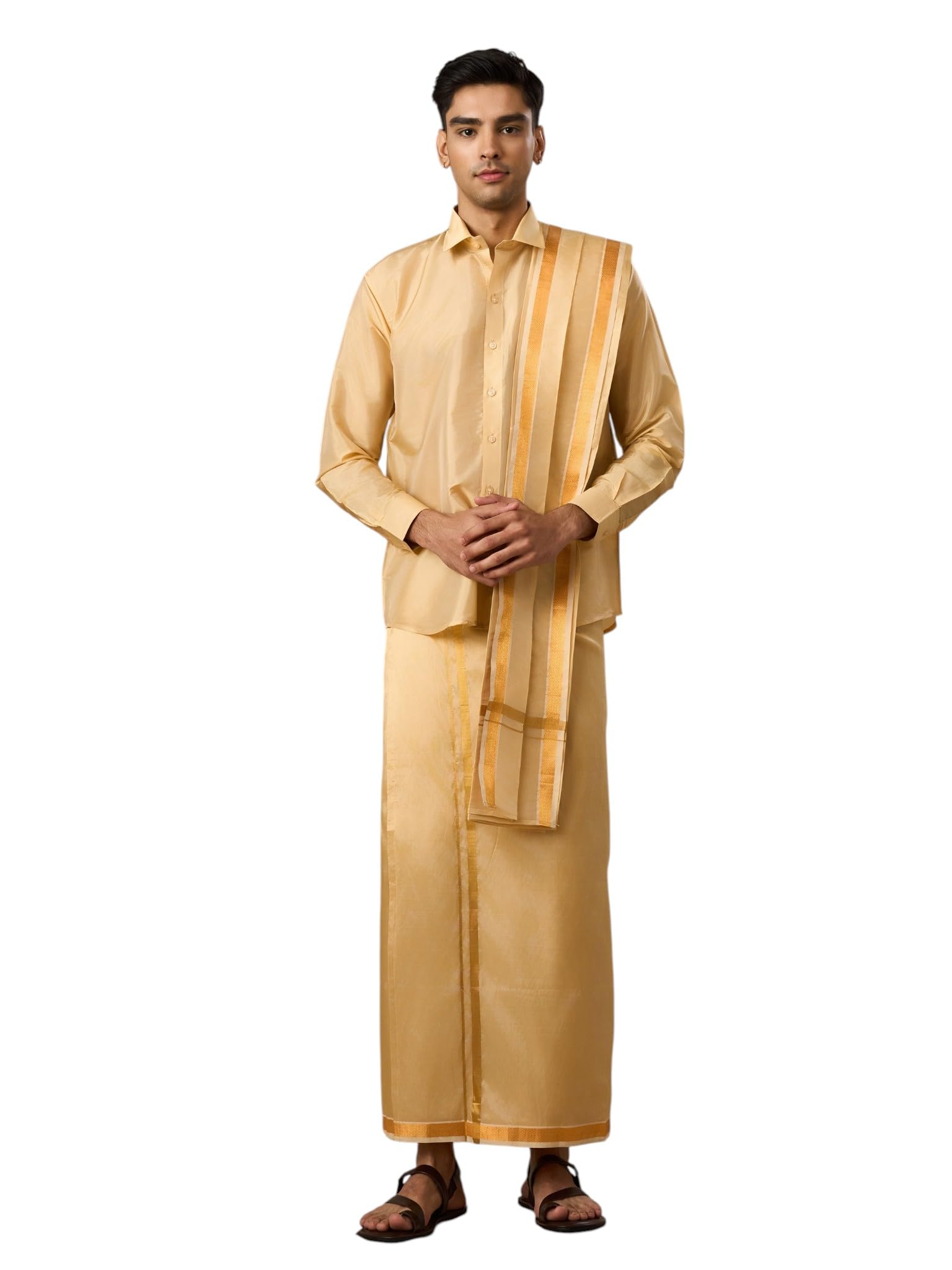 manyavar Men's Art Silk Solid Above Knee-Length Shirt Veshti Set (3pcs)-picture-16