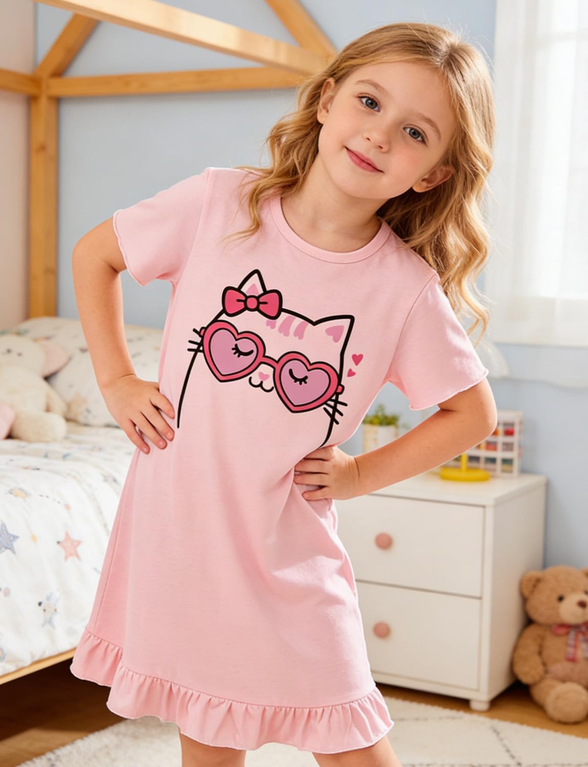 Little Hand Kids Girls Nightgown Night Dress Summer Sleep Dress Cute Cartoon Prints Cat Icecream Elephant Pajama