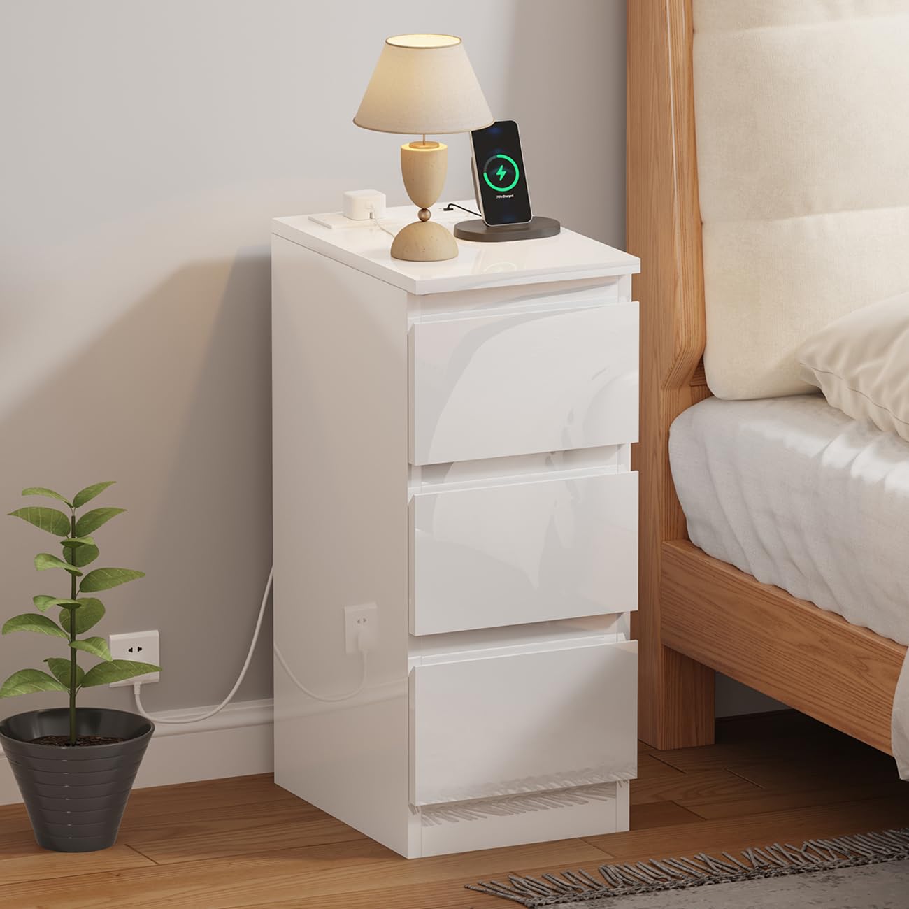 Ansley&HosHo Bedside Table with 3 Storage Drawers, Slim Nightstand Cabinet with Charger Station for Bedroom, Small Living Room End Table Side Table with Power Outlets and USB Ports (Glossy White)