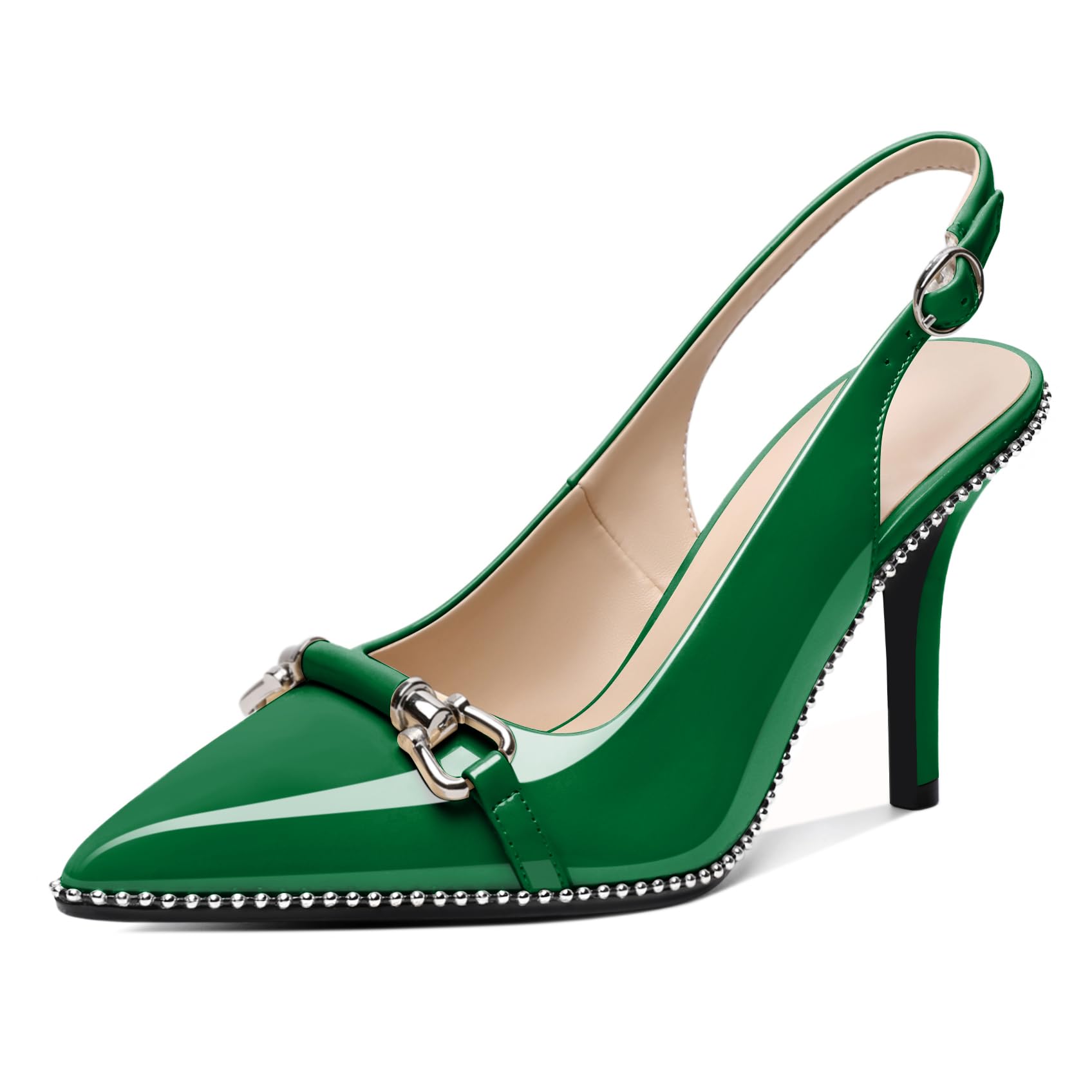AUMOTED Women Beaded Pumps Slingback High Heel Stilettos Pointed Toe Shoes Slip On 3 5 Inch Ankle Strap