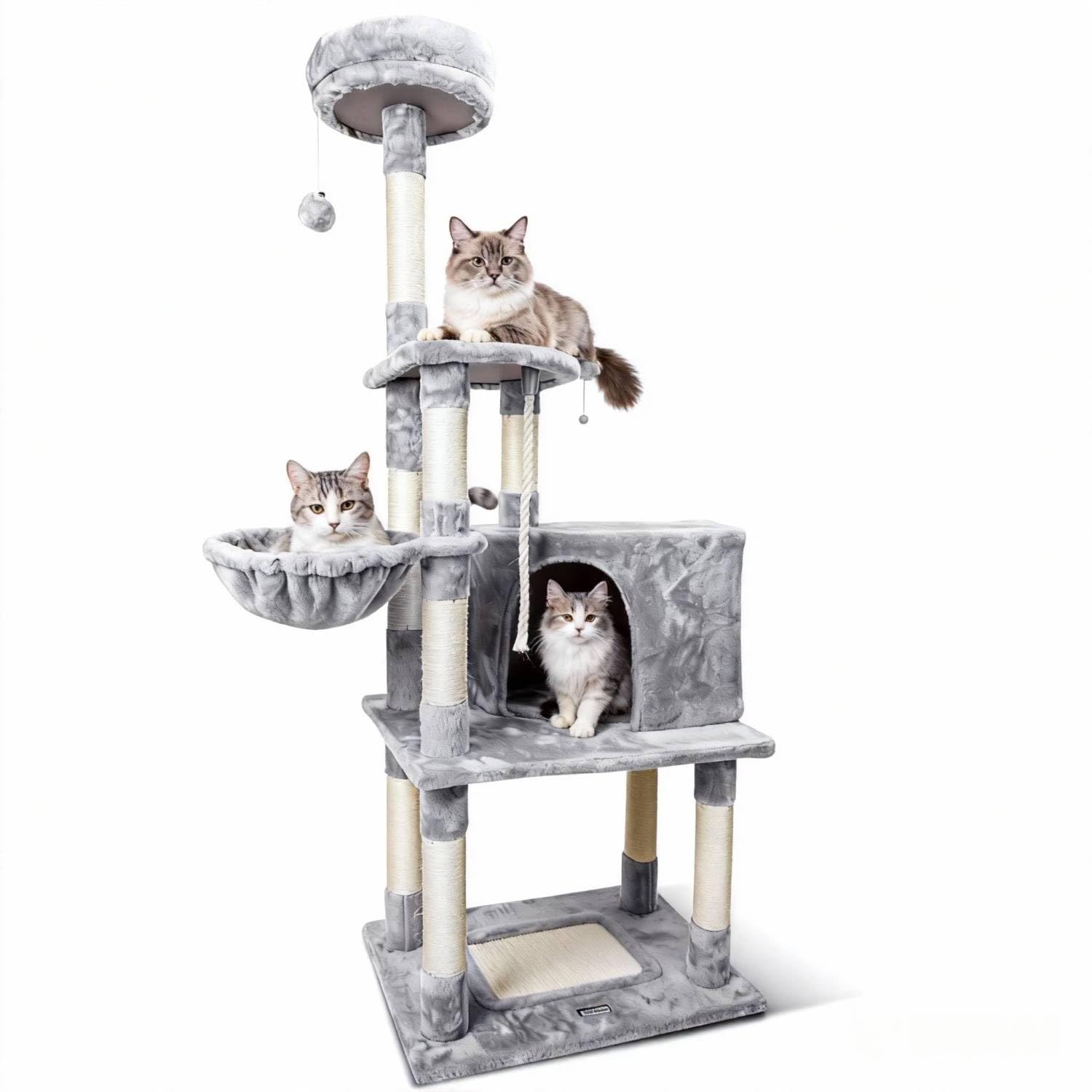 Nobleza Rascador para Gatos Grande 168cm, Arbol Rascador para Gatos con 9 Postes de Sisal, 2 Nidos, Hamaca y Pompón, Gris