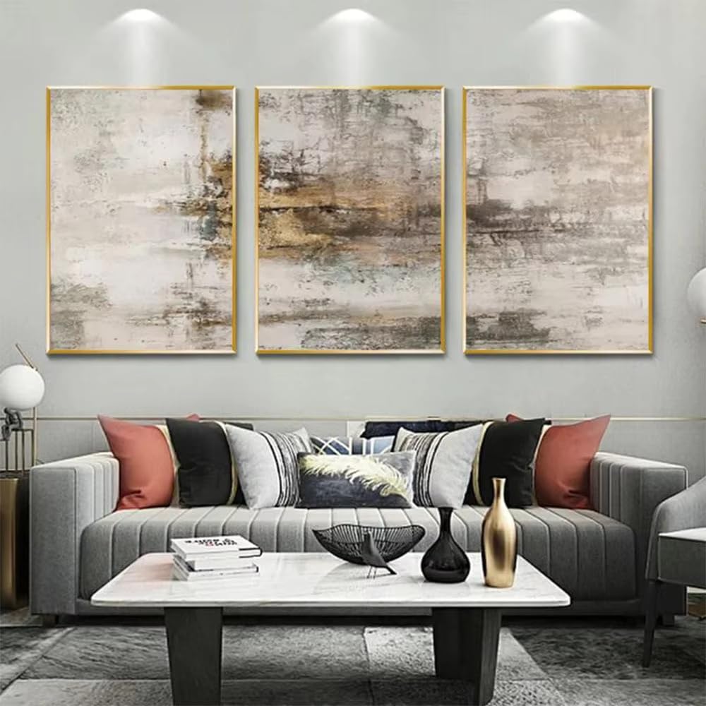 GOSRD Lienzos decorativos abstractos en tonos grises y dorados, estilo moderno, ideales para la decoración de salas de estar y dormitorios (50x75cm - 3 piezas/marco interno).